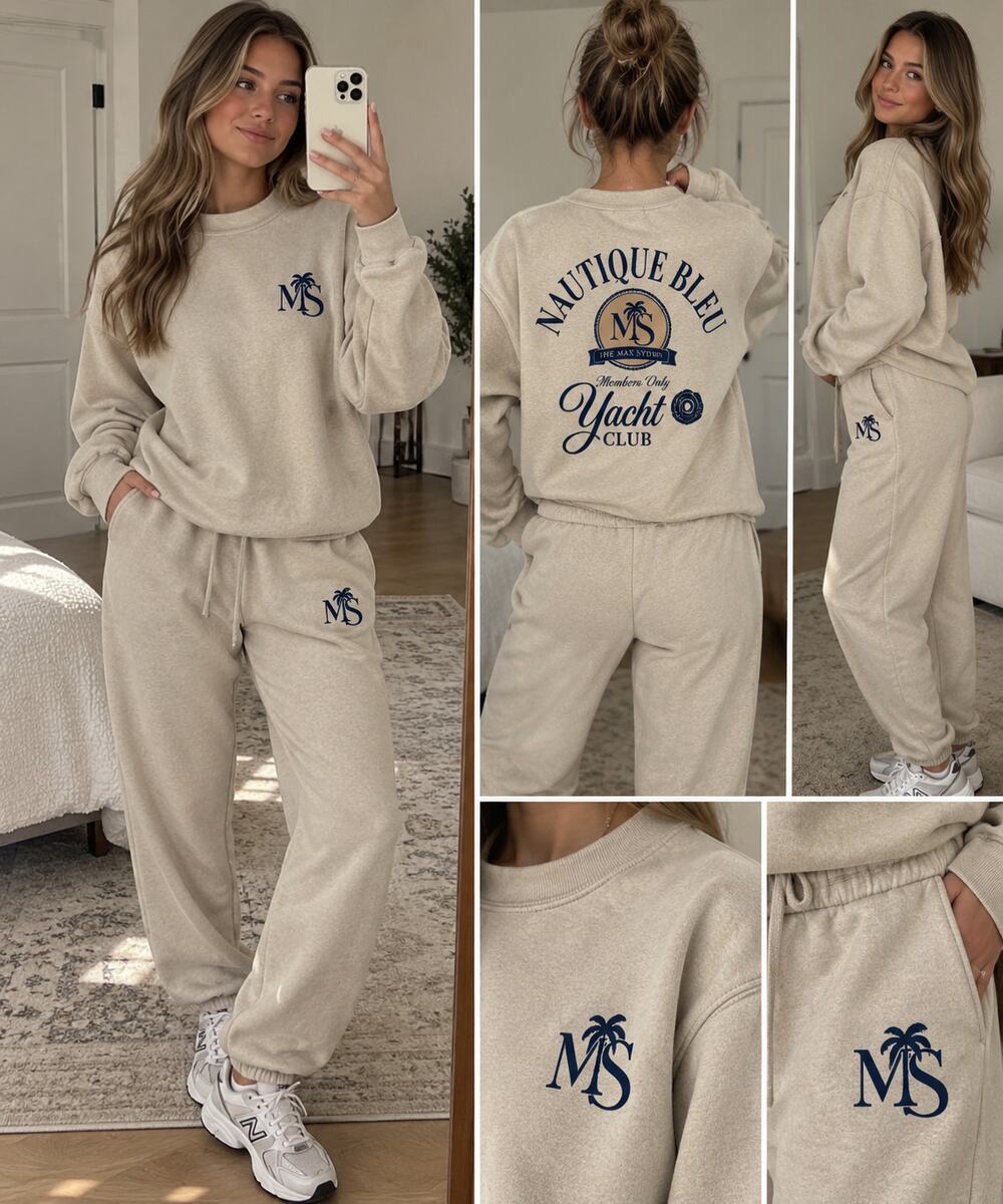 Nautique Bleu Yacht Club Sweat Set (Shirt XS / Pants S) Beige Coastal Preppy